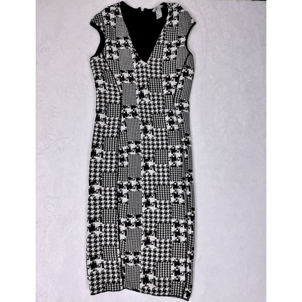 H&M Houndstooth Dress M Black White Stretch Midi Zip Back Fitted